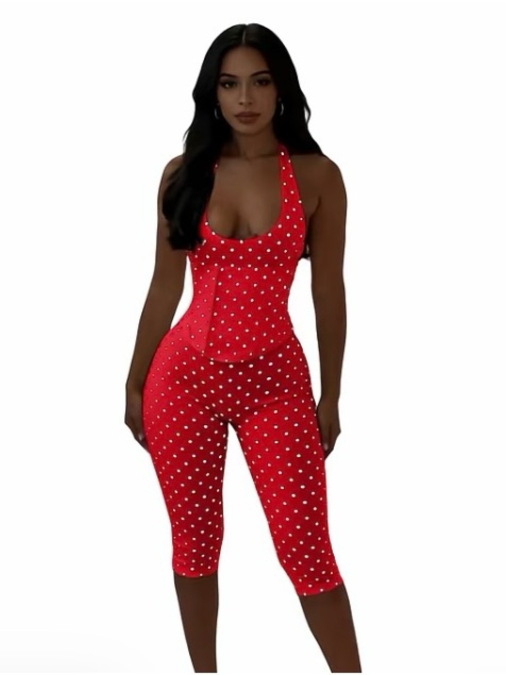 Red Polka Dot Halter waist cinching jumpsuit